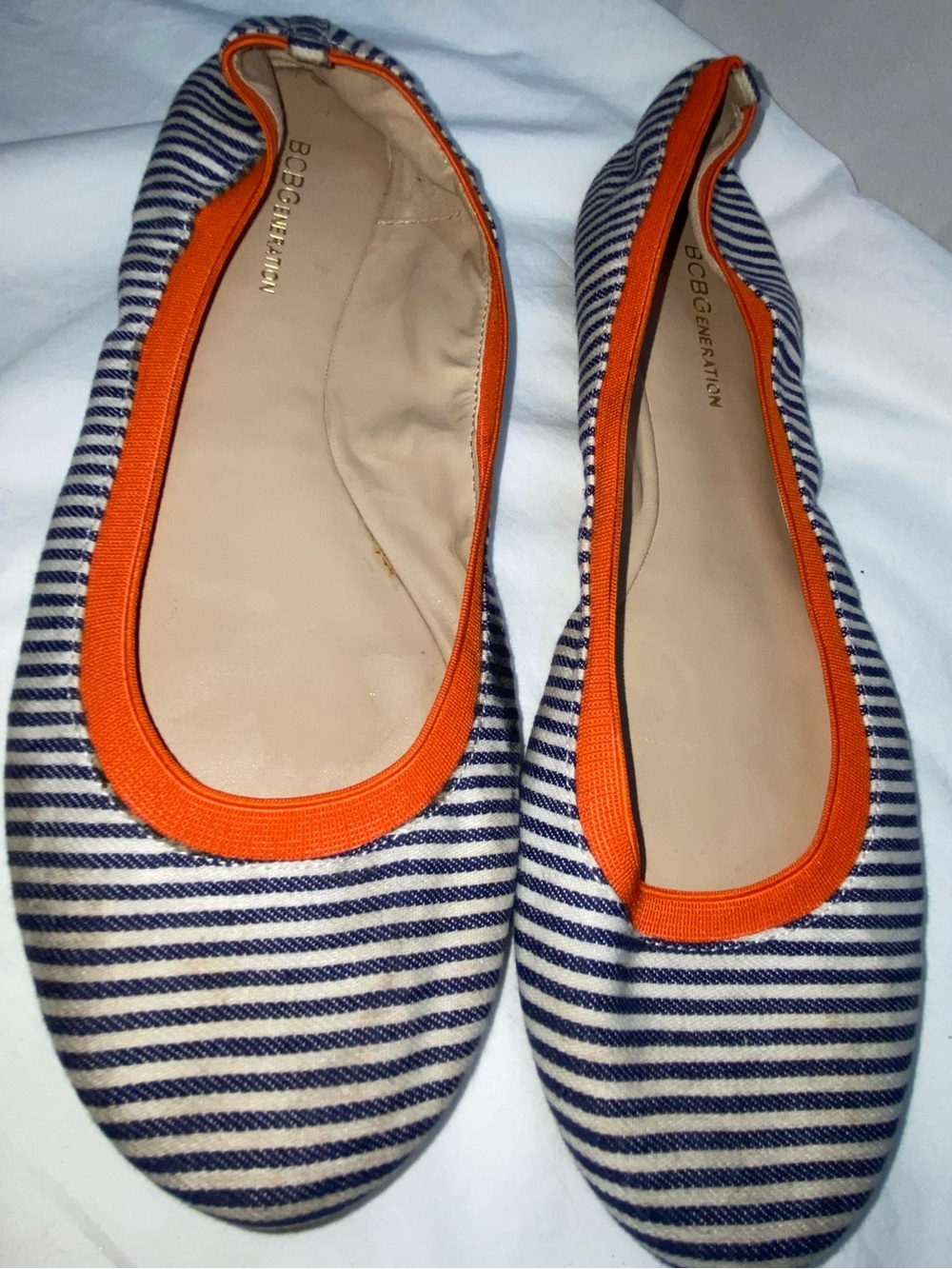 * BCBGeneration Navy White Striped Ballet Flats Orange Trim Nautical Preppy